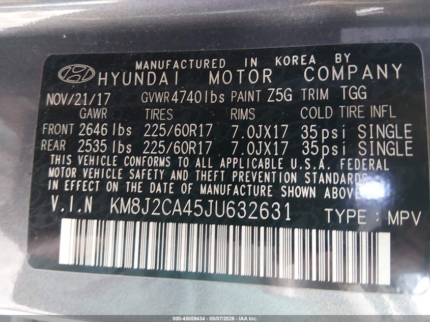 2018 Hyundai Tucson VIN KM8J2CA45JU632631 IAAI salvage auction — SIDE, Salvage (West Virginia), sold $2,800 on 2026-07-11 (photo 9)