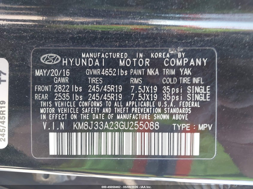 2016 Hyundai Tucson VIN KM8J33A23GU255088 IAAI salvage auction — LEFT REAR, Clear (Oklahoma), sold $1,825 on 2026-07-22 (photo 9)