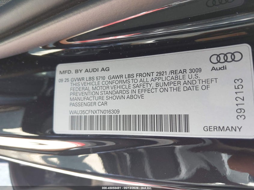 2026 Audi A6 VIN WAU35CFNXTN016309 IAAI salvage auction — FRONT END, Certificate Of Destruction (Florida), sold $24,050 on 2026-07-20 (photo 9)