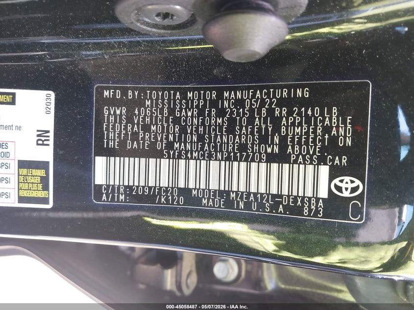 2022 Toyota Corolla VIN 5YFS4MCE3NP117709 IAAI salvage auction — FRONT END, Salvage - 75% Or Less (Maryland), sold $4,650 on 2026-07-14 (photo 9)