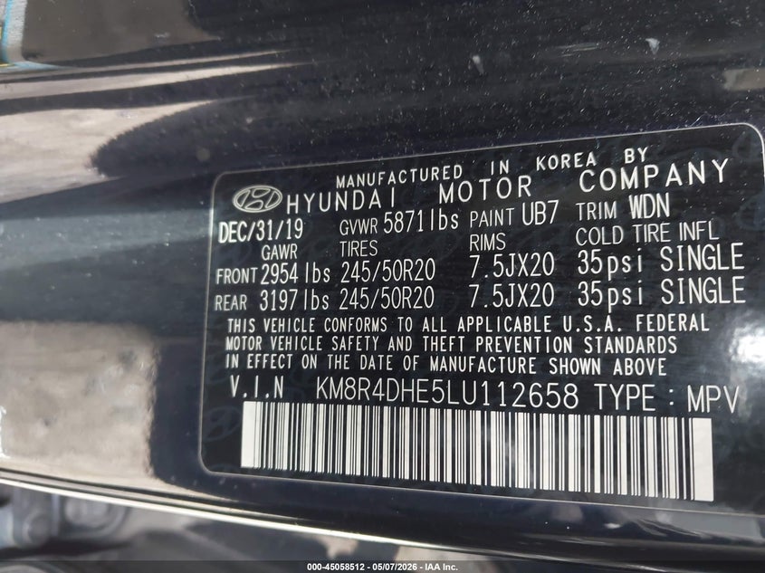 2020 Hyundai Palisade VIN KM8R4DHE5LU112658 IAAI salvage auction — REAR END, Clear Claim Paid (Wisconsin), sold $7,050 on 2026-07-14 (photo 9)