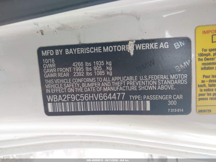 2017 BMW 2er VIN WBA2F9C56HV664477 IAAI salvage auction — FRONT END, Original (Texas), sold $3,150 on 2026-08-05 (photo 9)