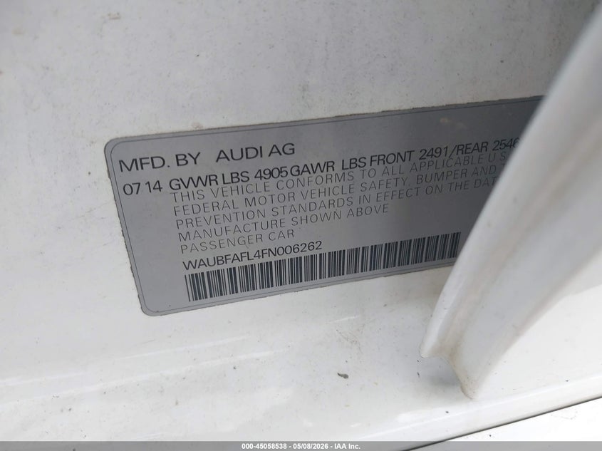2015 Audi A4 VIN WAUBFAFL4FN006262 IAAI salvage auction — FRONT & REAR, Salvage (Illinois), sold $625 on 2026-07-13 (photo 9)