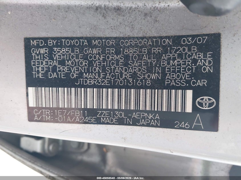 2007 Toyota Corolla VIN JTDBR32E170131618 IAAI salvage auction — NORMAL WEAR, Clear (New York), sold $1,225 on 2026-07-07 (photo 9)