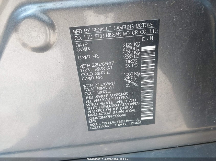 2015 Nissan Rogue VIN KNMAT2MV7FP505546 IAAI salvage auction — NORMAL WEAR, Clear (New York), sold $425 on 2026-07-21 (photo 9)