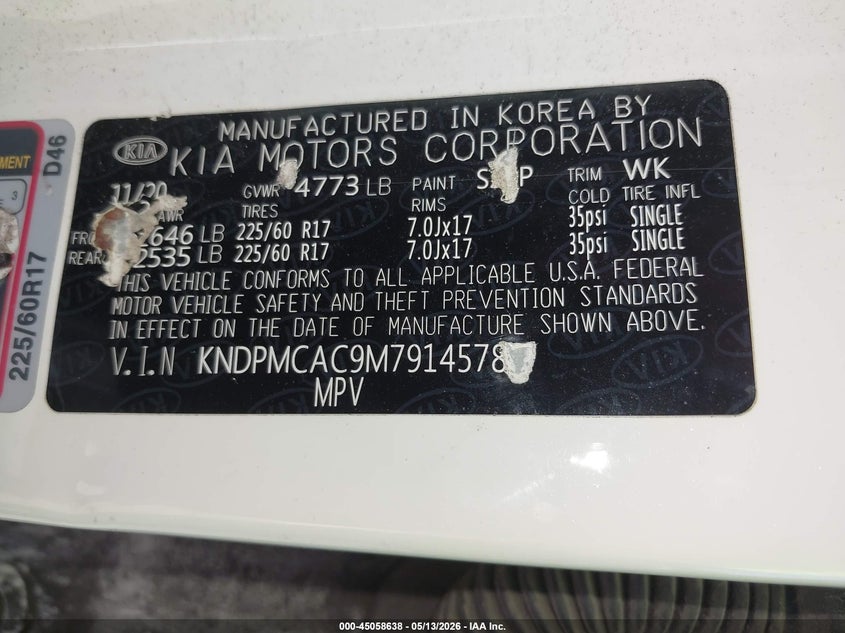 2021 Kia Sportage VIN KNDPMCAC9M7914578 IAAI salvage auction — FRONT END, Salvage (Louisiana), sold $2,250 on 2026-07-06 (photo 9)