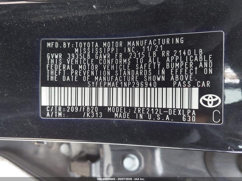 2022 Toyota Corolla VIN 5YFEPMAE1NP296940 IAAI salvage auction — LEFT FRONT, Salvage (Texas), sold $2,450 on 2026-07-29 (photo 9)