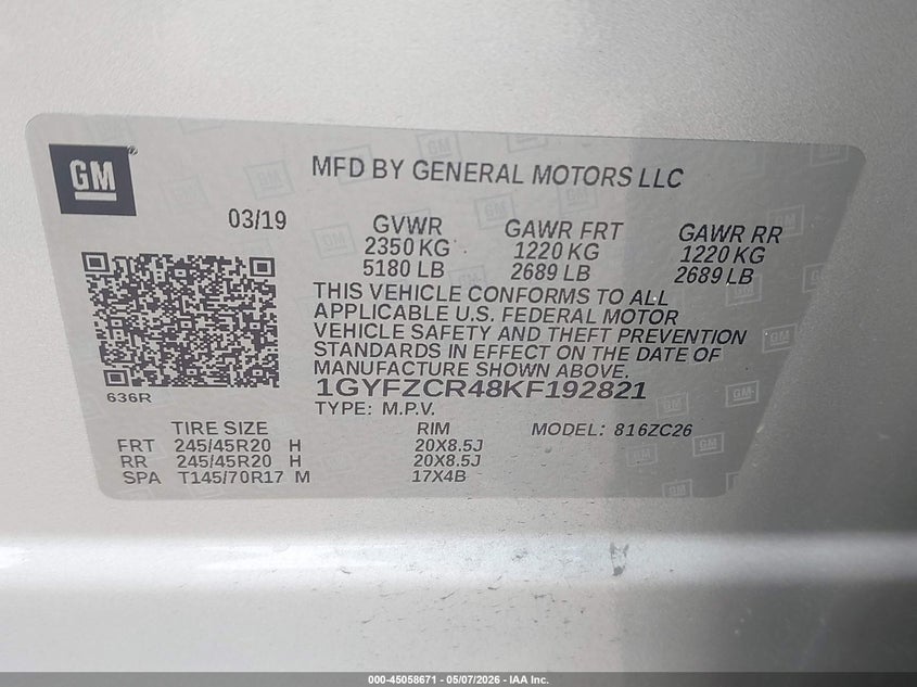 2019 Cadillac Xt4 VIN 1GYFZCR48KF192821 IAAI salvage auction — HAIL, Original (Texas), sold $8,550 on 2026-07-22 (photo 9)