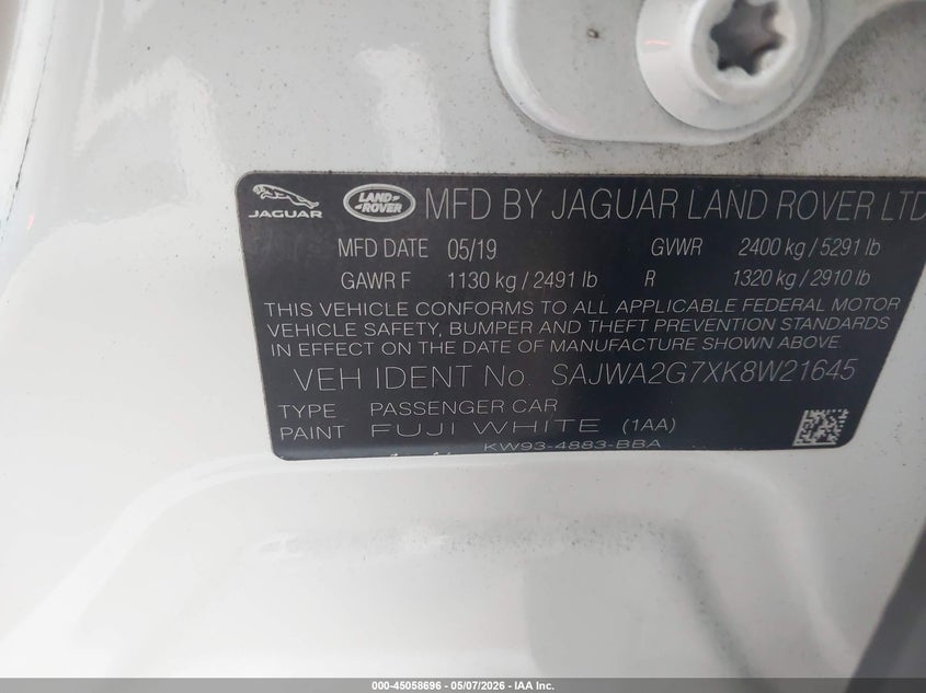 2019 Jaguar Xj VIN SAJWA2G7XK8W21645 IAAI salvage auction — LEFT FRONT, Original (Texas), sold $6,800 on 2026-07-09 (photo 9)