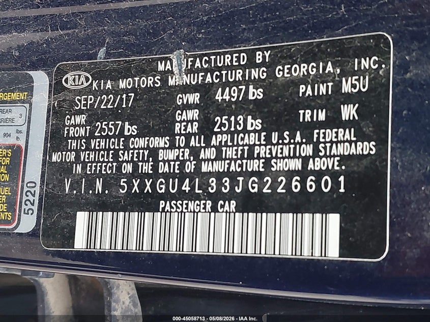 2018 Kia Optima VIN 5XXGU4L33JG226601 IAAI salvage auction — HAIL, Salvage (Georgia), sold $575 on 2026-07-29 (photo 9)