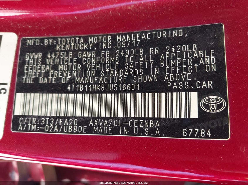 2018 Toyota Camry VIN 4T1B11HK8JU516601 IAAI salvage auction — FRONT END, Salvage (Ohio), sold $3,500 on 2026-07-23 (photo 9)