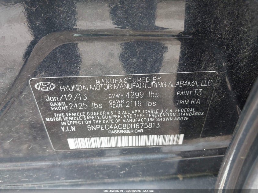 2013 Hyundai Sonata VIN 5NPEC4AC8DH675813 IAAI salvage auction — FRONT END, Salvage (Illinois), sold $375 on 2026-07-22 (photo 9)
