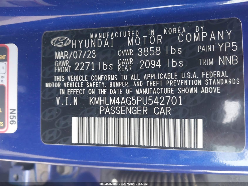 2023 Hyundai Elantra VIN KMHLM4AG5PU542701 IAAI salvage auction — RIGHT FRONT, Salvage (Virginia), sold $2,350 on 2026-07-28 (photo 9)