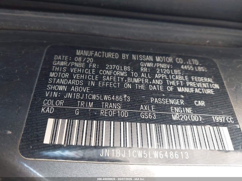 2020 Nissan Rogue VIN JN1BJ1CW5LW648613 IAAI salvage auction — FRONT END, Salvage (Indiana), sold $1,000 on 2026-07-21 (photo 9)