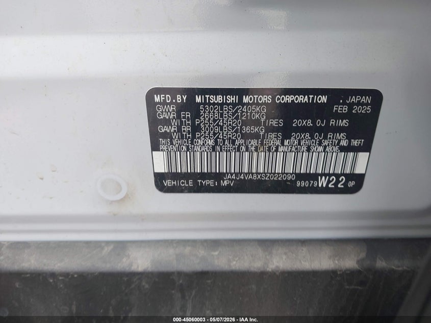 2025 Mitsubishi Outlander VIN JA4J4VA8XSZ022090 IAAI salvage auction — FRONT END, Salvage (South Carolina), sold $4,650 on 2026-07-15 (photo 9)