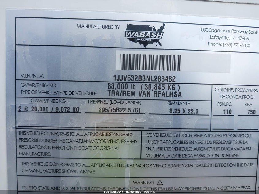 2022 Wabash national corp Wabash national corp VIN 1JJV532B3NL283482 IAAI salvage auction — ROOF, Salvage (Nebraska), sold $1,250 on 2026-07-29 (photo 9)