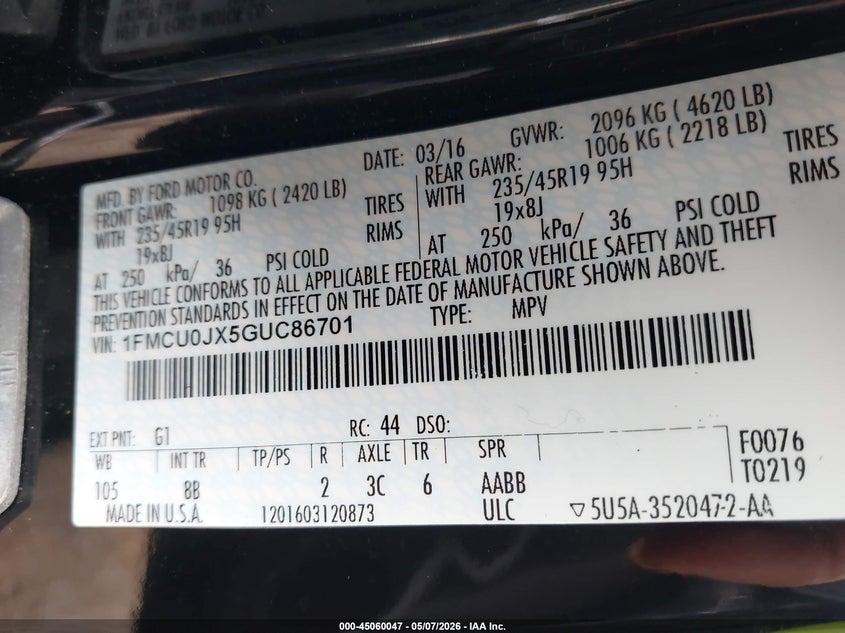 2016 Ford Escape VIN 1FMCU0JX5GUC86701 IAAI salvage auction — FRONT END, Salvage (Ohio), sold $800 on 2026-07-31 (photo 9)