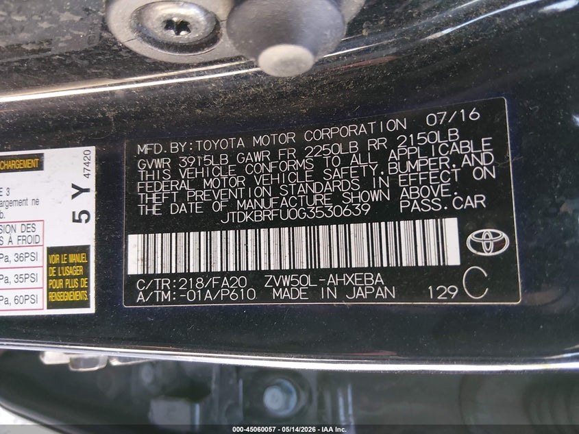 2016 Toyota Prius VIN JTDKBRFU0G3530639 IAAI salvage auction — REAR END, Salvage (Kentucky), sold $1,200 on 2026-07-08 (photo 9)