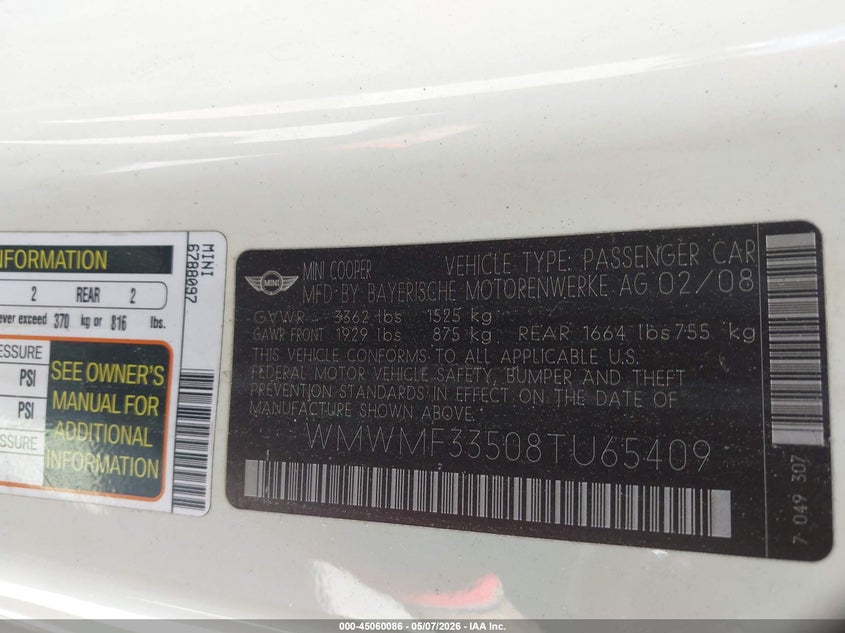 2008 Mini Cooper VIN WMWMF33508TU65409 IAAI salvage auction — NORMAL WEAR, Original (Ohio), sold $300 on 2026-07-14 (photo 9)