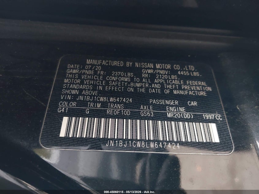 2020 Nissan Rogue VIN JN1BJ1CW8LW647424 IAAI salvage auction — RIGHT FRONT, Mv-907A (New York), sold $1,950 on 2026-07-07 (photo 9)