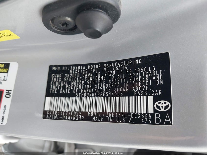2016 Toyota Corolla VIN 5YFBURHE3GP514085 IAAI salvage auction — FRONT END, Original (Texas), sold $3,050 on 2026-08-01 (photo 9)