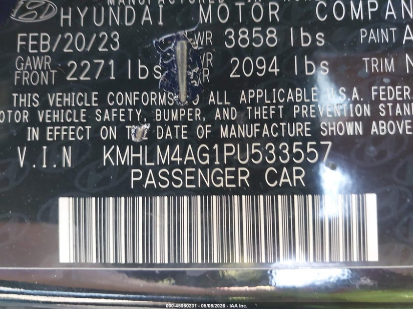 2023 Hyundai Elantra VIN KMHLM4AG1PU533557 IAAI salvage auction — REAR END, Salvage - Greater Than 75% (Maryland), sold $2,700 on 2026-07-28 (photo 9)
