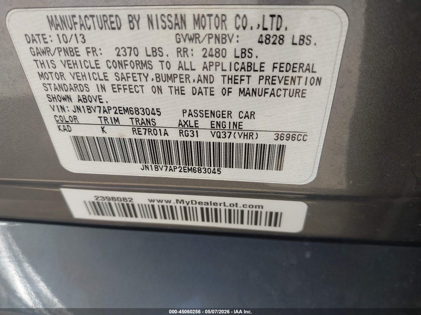2014 Infiniti Q50 VIN JN1BV7AP2EM683045 IAAI salvage auction — FRONT END, Salvage (Texas), sold $1,700 on 2026-07-14 (photo 9)
