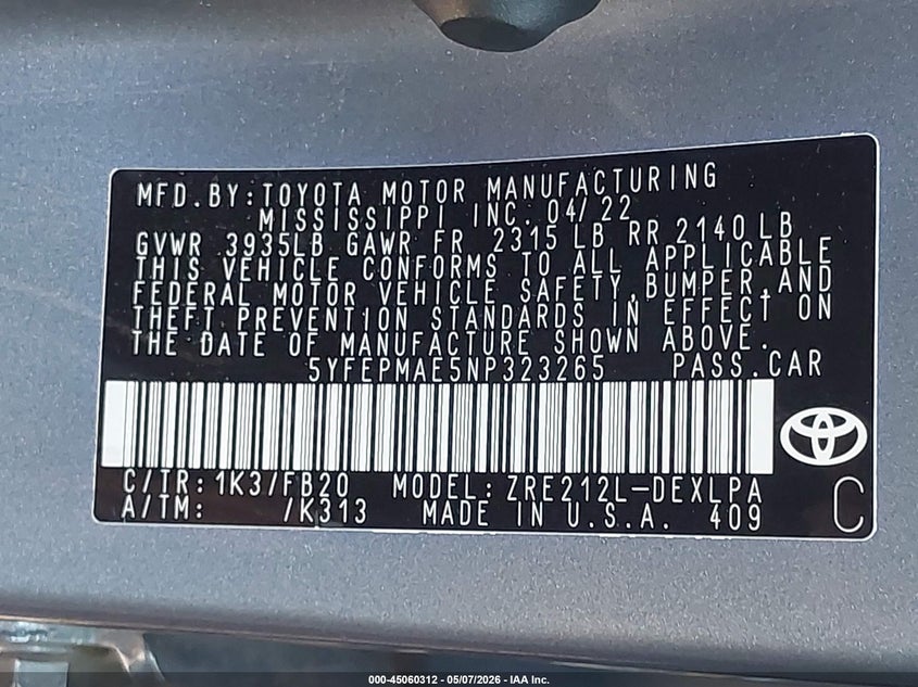 2022 Toyota Corolla VIN 5YFEPMAE5NP323265 IAAI salvage auction — LEFT FRONT, Salvage Title, sold $5,525 on 2026-07-14 (photo 9)