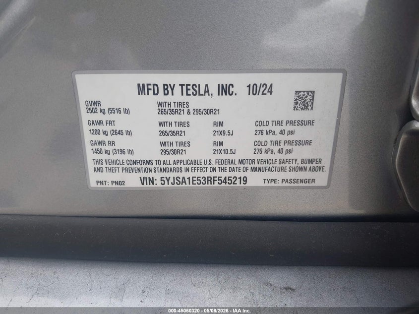 2024 Tesla Model s VIN 5YJSA1E53RF545219 IAAI salvage auction — RIGHT FRONT, Wait Title, sold $20,075 on 2026-08-31 (photo 9)