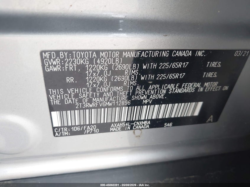 2021 Toyota Rav 4 VIN 2T3RWRFV6MW112896 IAAI salvage auction — RIGHT SIDE, Salvage (Texas), sold $7,850 on 2026-07-09 (photo 9)