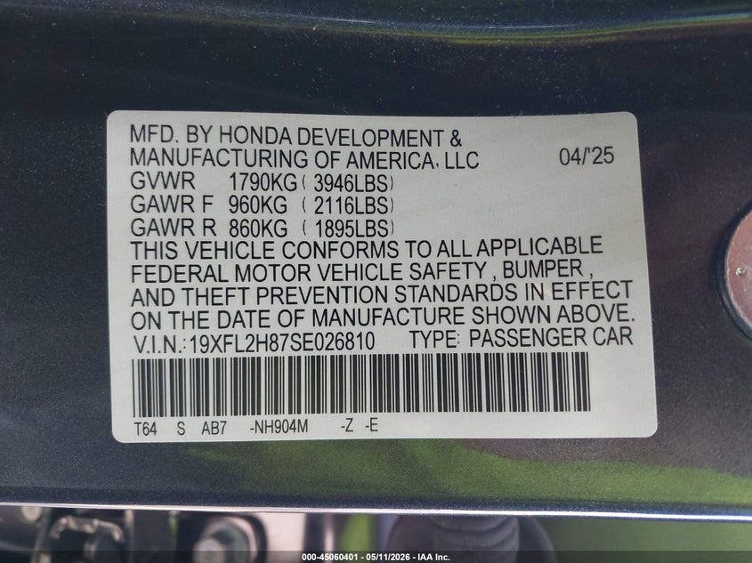 2025 Honda Civic VIN 19XFL2H87SE026810 IAAI salvage auction — FRONT & REAR, Salvage (California), sold $7,100 on 2026-07-19 (photo 9)