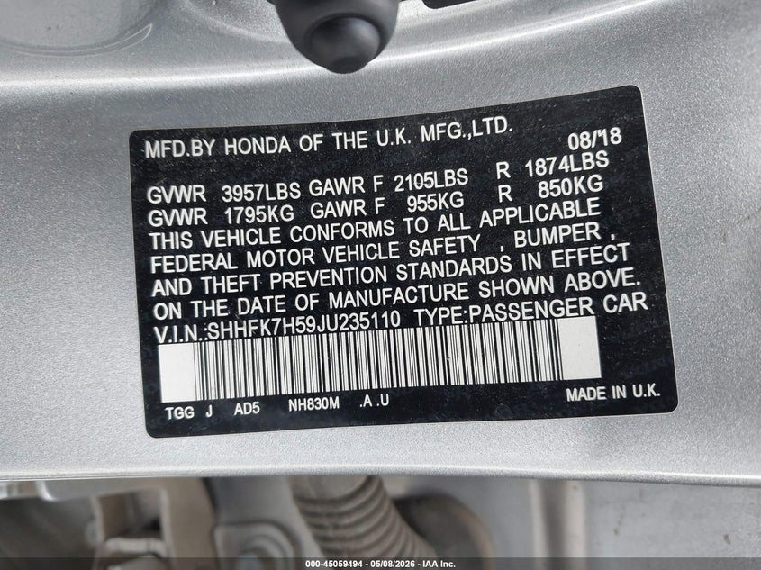 2018 Honda Civic VIN SHHFK7H59JU235110 IAAI salvage auction — LEFT SIDE, Salvage Title, sold $700 on 2026-07-23 (photo 9)
