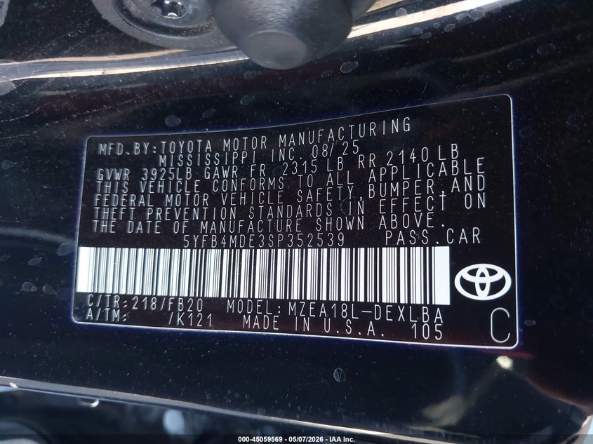 2025 Toyota Corolla VIN 5YFB4MDE3SP352539 IAAI salvage auction — SIDE, Salvage (California), sold $4,900 on 2026-07-28 (photo 9)