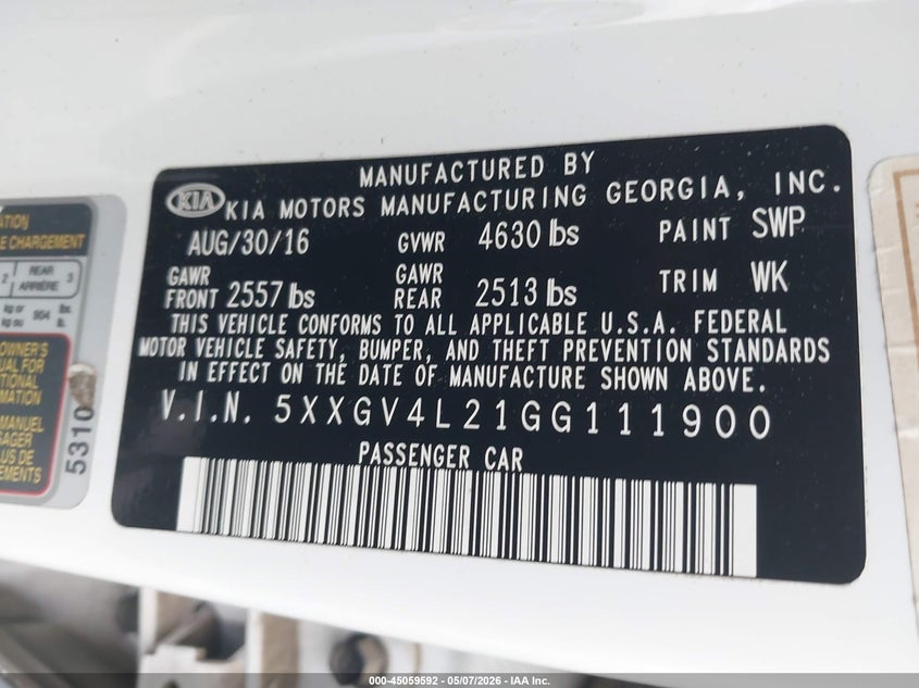 2016 Kia Optima VIN 5XXGV4L21GG111900 IAAI salvage auction — FRONT END, Salvage (North Carolina), sold $2,300 on 2026-07-15 (photo 9)
