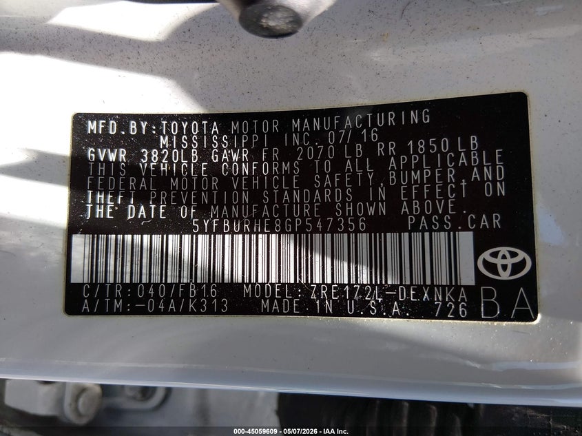 2016 Toyota Corolla VIN 5YFBURHE8GP547356 IAAI salvage auction — FRONT END, Rebuildable (Florida), sold $2,500 on 2026-07-23 (photo 9)