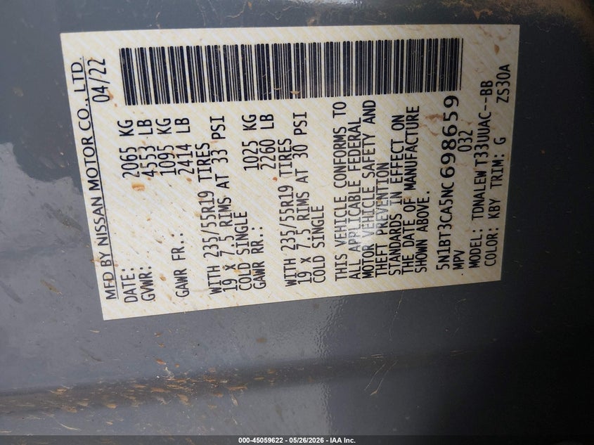2022 Nissan Rogue VIN 5N1BT3CA5NC698659 IAAI salvage auction — LEFT REAR, Clear (Oklahoma), sold $8,400 on 2026-07-28 (photo 9)
