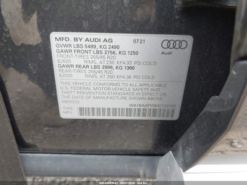 2021 Audi Q5 VIN WA1BAAFY0M2132320 IAAI salvage auction — RIGHT FRONT, Salvage (Texas), sold $5,250 on 2026-07-21 (photo 9)