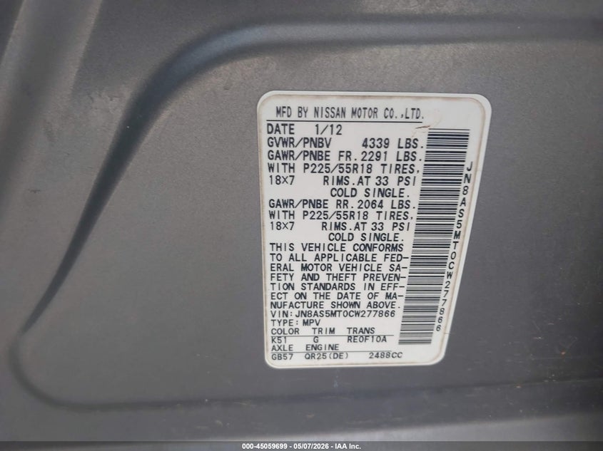 2012 Nissan Rogue VIN JN8AS5MT0CW277866 IAAI salvage auction — FRONT END, Salvage (Idaho), sold $225 on 2026-07-10 (photo 9)