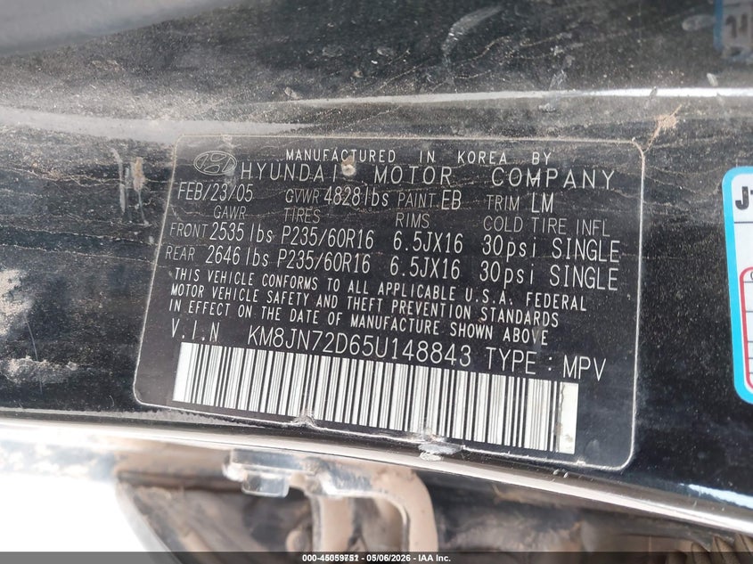 2005 Hyundai Tucson VIN KM8JN72D65U148843 IAAI salvage auction — FRONT END, Salvage (Idaho), sold $100 on 2026-07-09 (photo 9)