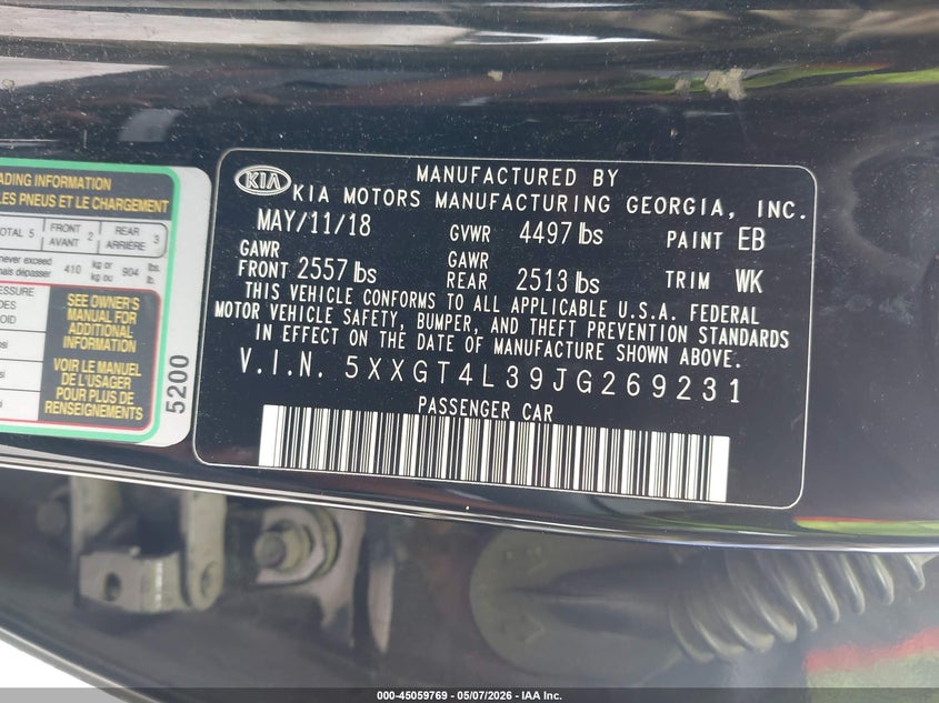 2018 Kia Optima VIN 5XXGT4L39JG269231 IAAI salvage auction — FRONT & REAR, Original (Texas), sold $600 on 2026-07-15 (photo 9)