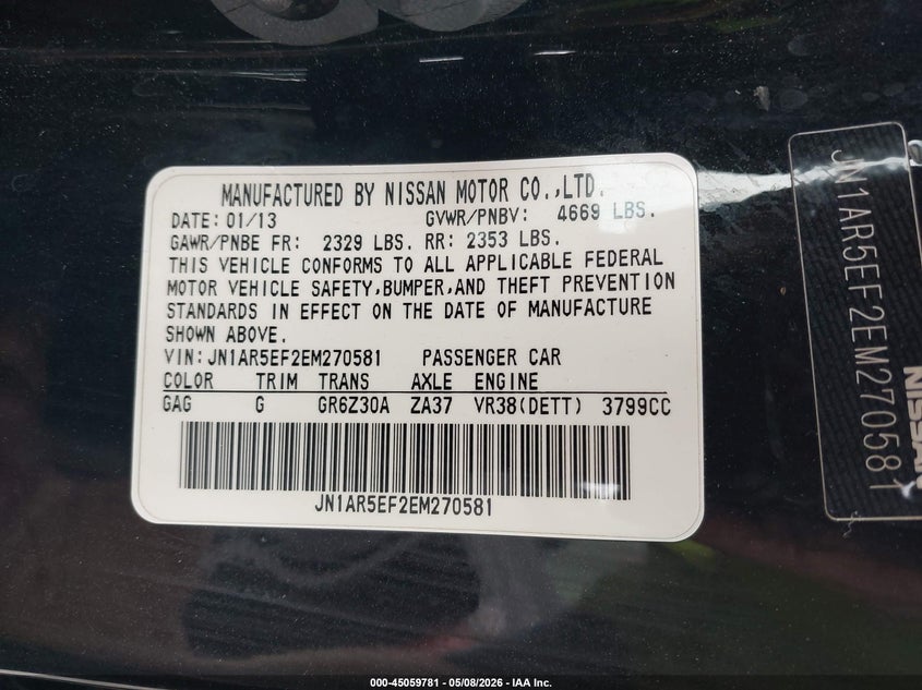 2014 Nissan Gt-r VIN JN1AR5EF2EM270581 IAAI salvage auction — FRONT END, Salvage (California), sold $33,750 on 2026-07-22 (photo 9)