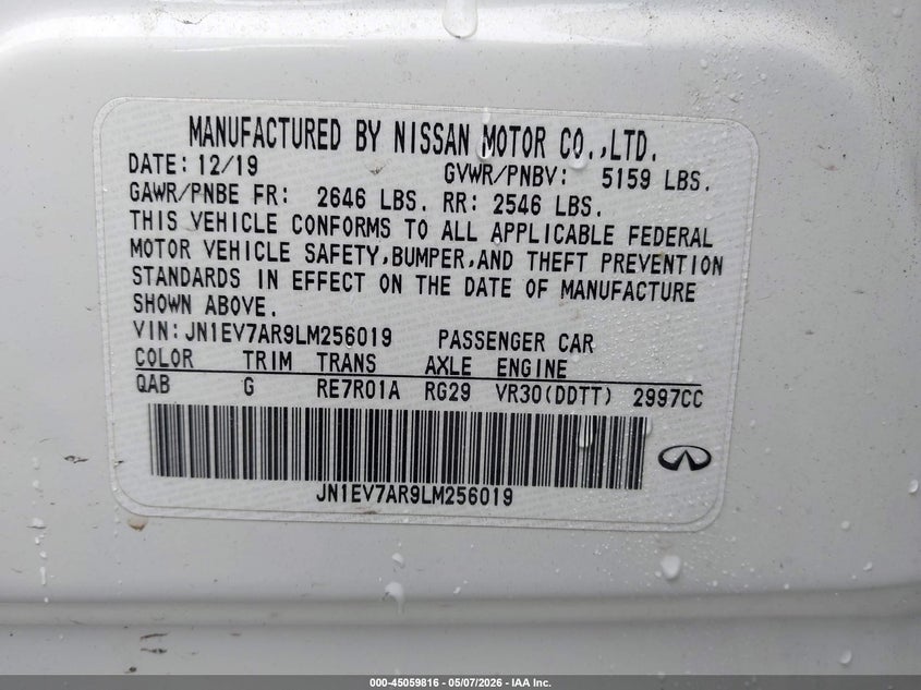 2020 Infiniti Q50 VIN JN1EV7AR9LM256019 IAAI salvage auction — THEFT, Salvage - 75% Or Less (Maryland), sold $8,800 on 2026-07-16 (photo 9)
