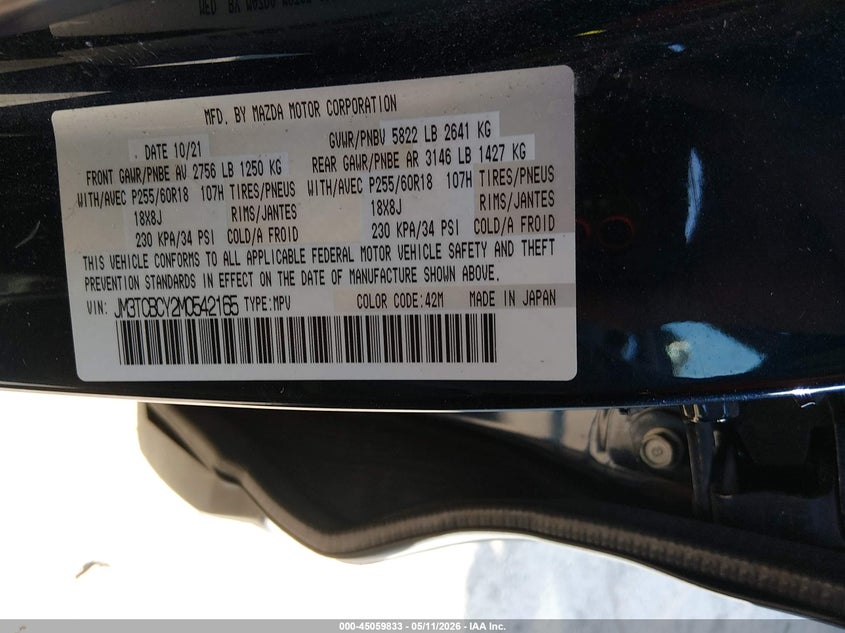 2021 Mazda Cx-9 VIN JM3TCBCY2M0542165 IAAI salvage auction — FRONT END, Salvage (Kansas), sold $3,550 on 2026-07-22 (photo 9)