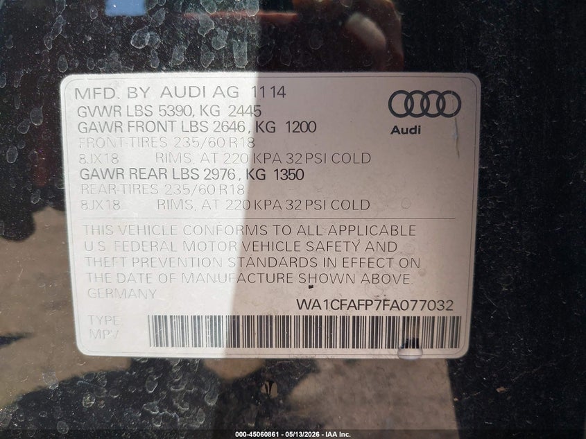 2015 Audi Q5 VIN WA1CFAFP7FA077032 IAAI salvage auction — LEFT & RIGHT, Salvage (Alabama), sold $25 on 2026-07-08 (photo 9)