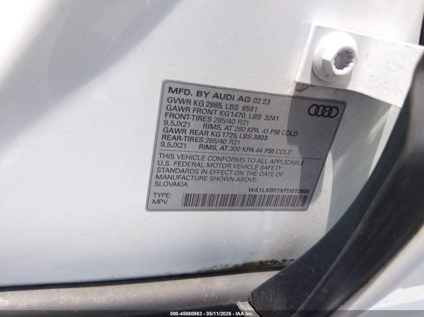 2023 Audi Q7 VIN WA1LXBF7XPD012985 IAAI salvage auction — FRONT END, Rebuildable (Florida), sold $18,700 on 2026-07-30 (photo 9)