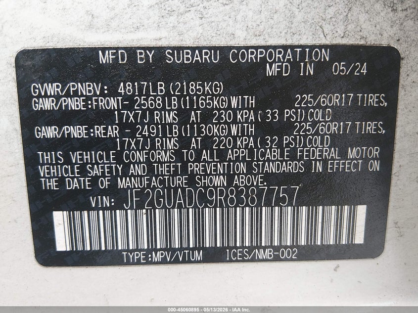 2024 Subaru VIN JF2GUADC9R8387757 IAAI salvage auction — LEFT REAR, Salvage (North Carolina), sold $6,900 on 2026-07-15 (photo 9)