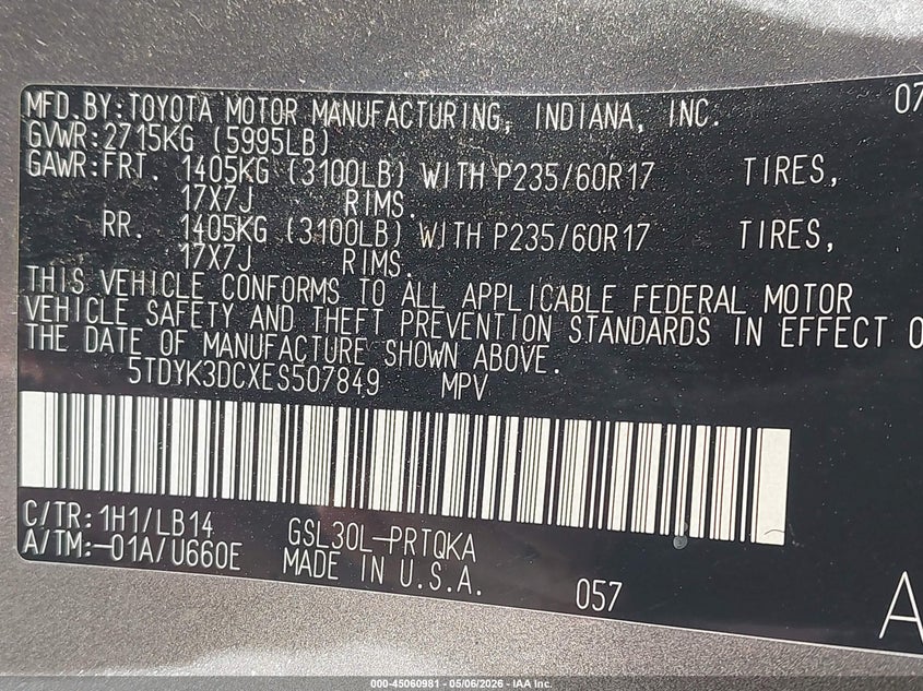 2014 Toyota Sienna VIN 5TDYK3DCXES507849 IAAI salvage auction — NORMAL WEAR, Original (Ohio), sold $3,525 on 2026-07-08 (photo 9)