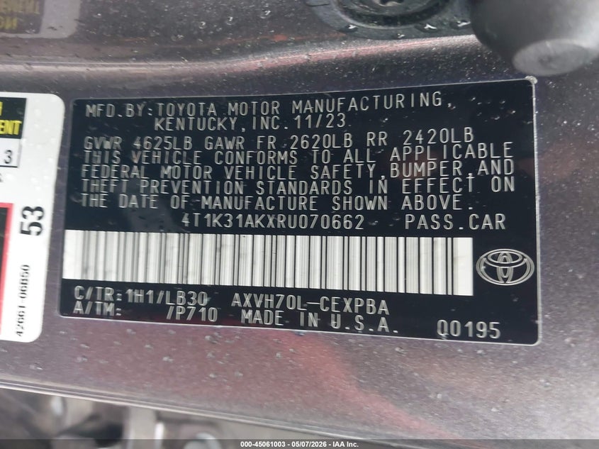 2024 Toyota Camry VIN 4T1K31AKXRU070662 IAAI salvage auction — FRONT END, Salvage (Georgia), sold $9,000 on 2026-08-03 (photo 9)