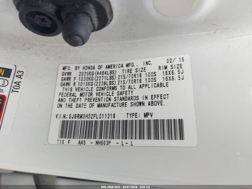 2015 Honda Cr-v VIN 5J6RM3H32FL011319 IAAI salvage auction — REAR END, Salvage (Utah), sold $3,650 on 2026-07-09 (photo 9)