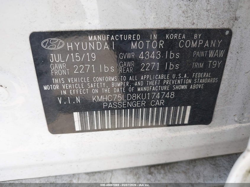 2019 Hyundai Ioniq VIN KMHC75LD8KU174748 IAAI salvage auction — REAR END, Bill Of Sale (Washington), sold $5,100 on 2026-07-15 (photo 9)